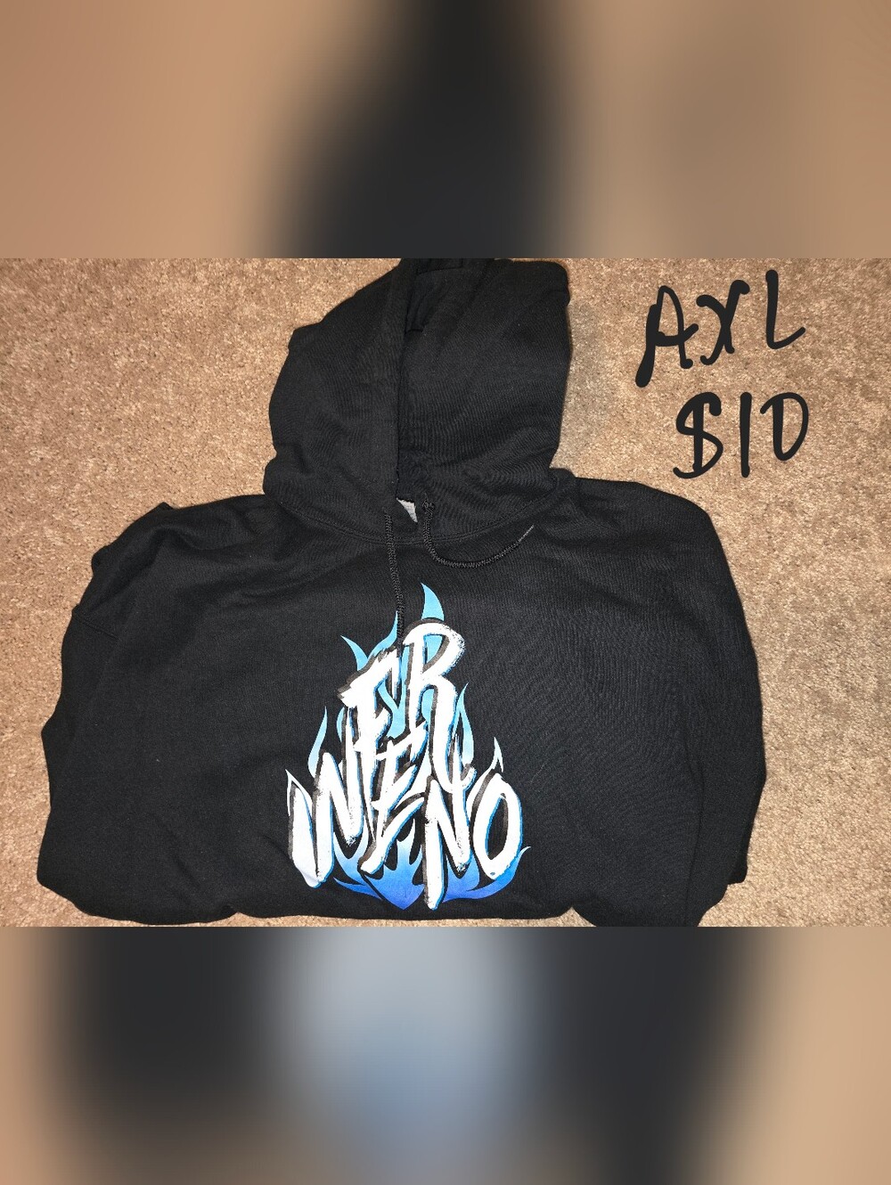 Black Graphic Hoodie with Blue & White Flame Logo